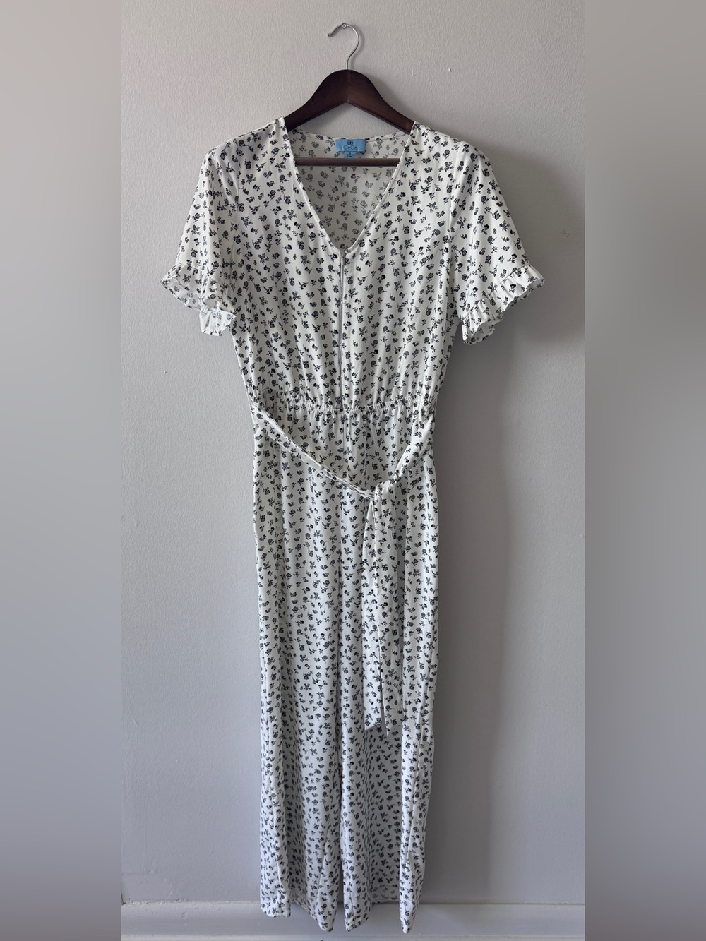 CeCe White Maxi Overalls with Black Floral Print and Tie Waist